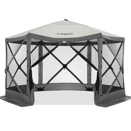 Hoteel 12x12ft Pop-up Gazebo EZ Set-up Camping Canopy Tent with 6 Sides Mosquito Netting, Waterproof, UV Resistant, Portable Screen House Room, Outdoor Party Tent with Carry bag, Ground Spike, Khaki