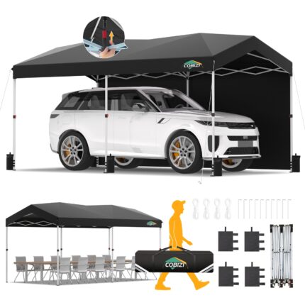 Hoteel 10x20 Pop Up Canopy-Easy Up Carport Canopy with One Push Setup-Outdoor Sun Shade&Waterppof Tent for Parties, Camping, Events-with 2 Sidewalls,Portable Bag,4 Weight Bags,4 Ropes&10 Stakes