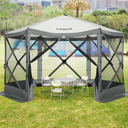 HOTEEL 12x12 Pop Up Gazebo Propped-up Canopy Camping Tent with Mosquito Nettings, Waterproof, UV 50+ Resistant, Hub Tent Instant Screened Canopy with Mesh Windows, Carry Bag & Ground Stakes