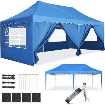 HOTEEL 10x20 Pop up Canopy Tents with Removeble Sidewalls,Outdoor Gazebo with Wheeled Bag & 4 Sandbags,for Patio,Wedding,Backyard,Camping,Parties,Event,Blue